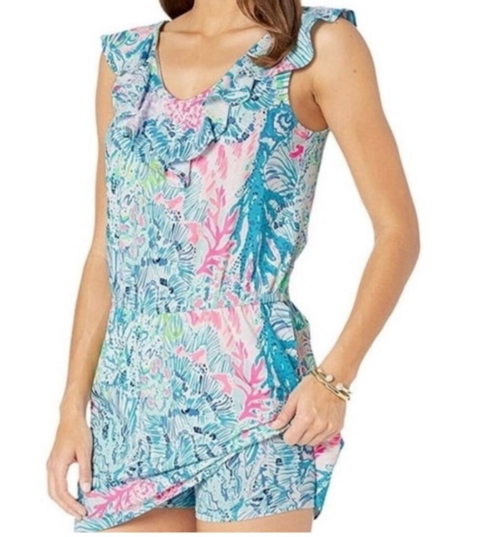 Lilly Pulitzer Alessa Romper in Sink Or Swim Print Womens Size XS Ruffle Vneck
